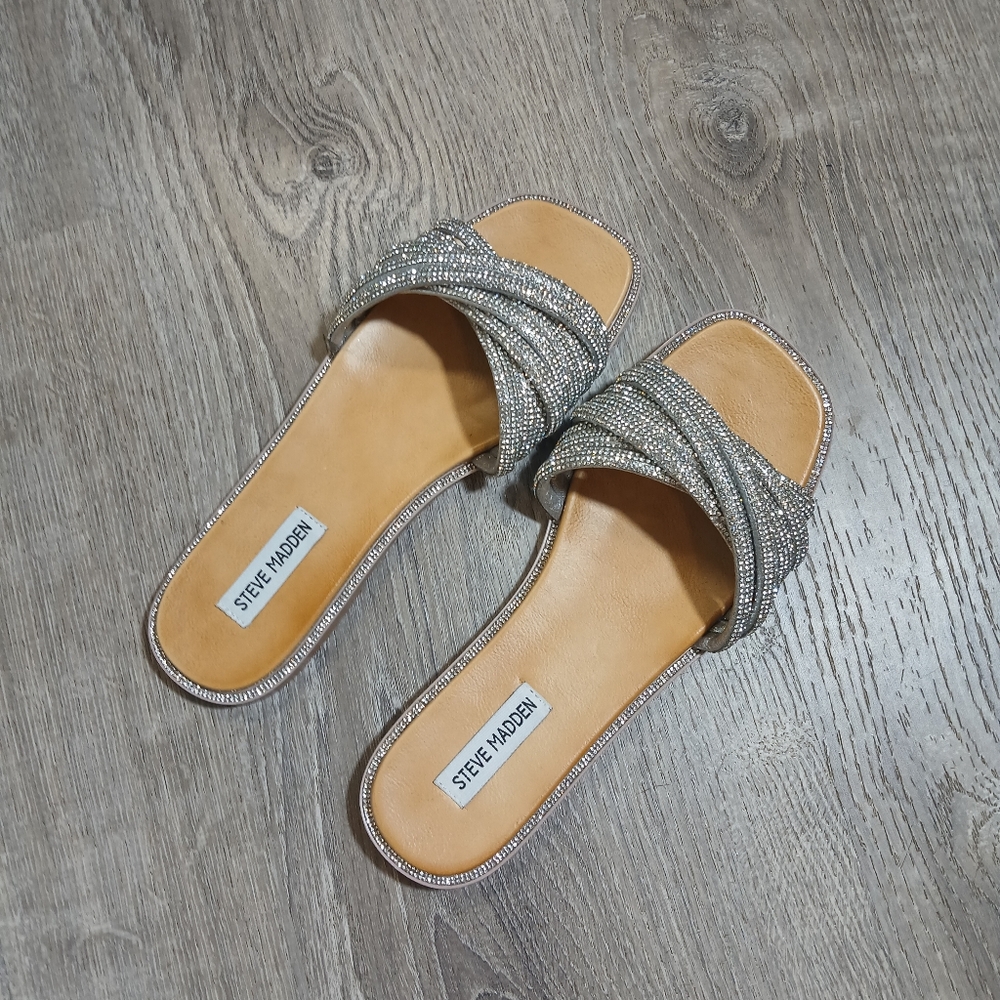 Steve Madden Silver Rhinestone Twisted Slide Sandals with Tan Insole